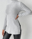 Ribbed Turtleneck Long Sleeve Slit T-Shirt