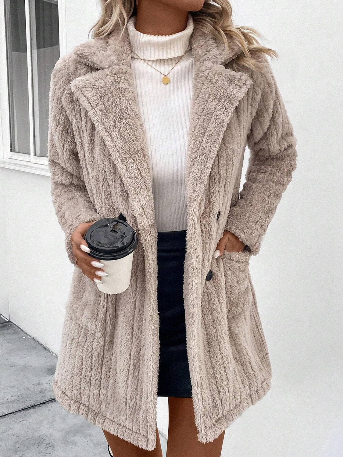 Fuzzy Button Up Long Sleeve Coat with Pockets - Body By J'ne