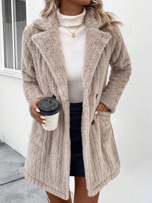 Fuzzy Button Up Long Sleeve Coat with Pockets - Body By J'ne