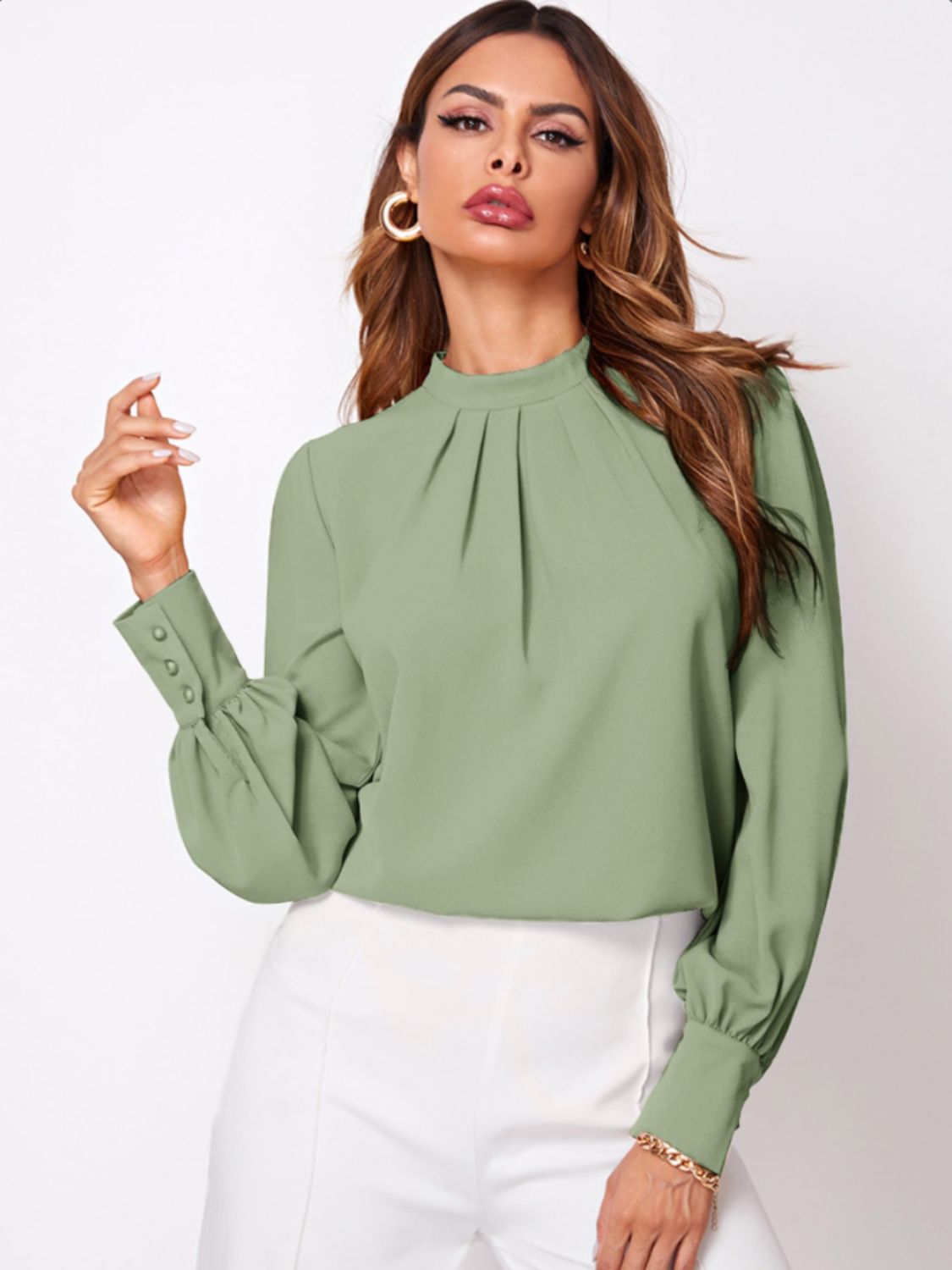 Ruched Mock Neck Long Sleeve Blouse - Body By J'ne