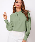 Ruched Mock Neck Long Sleeve Blouse