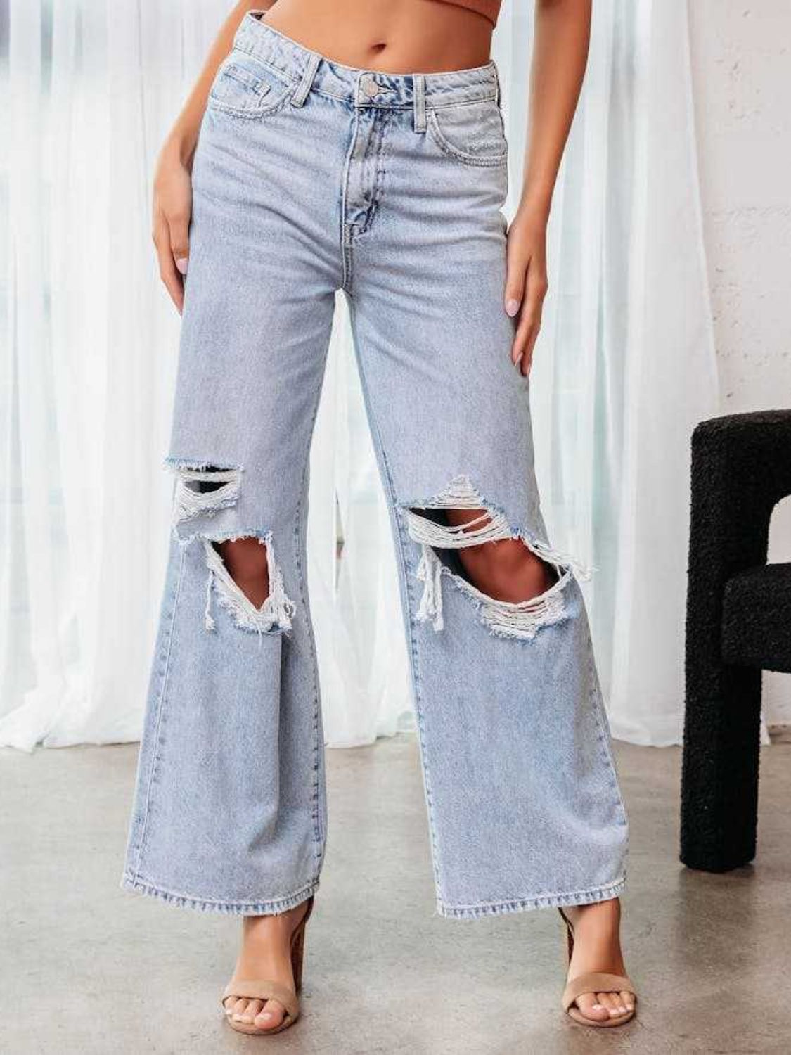 Distressed Wide Leg Jeans with Pockets - Body By J'ne