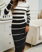 Color Block Round Neck Long Sleeve Midi Dress