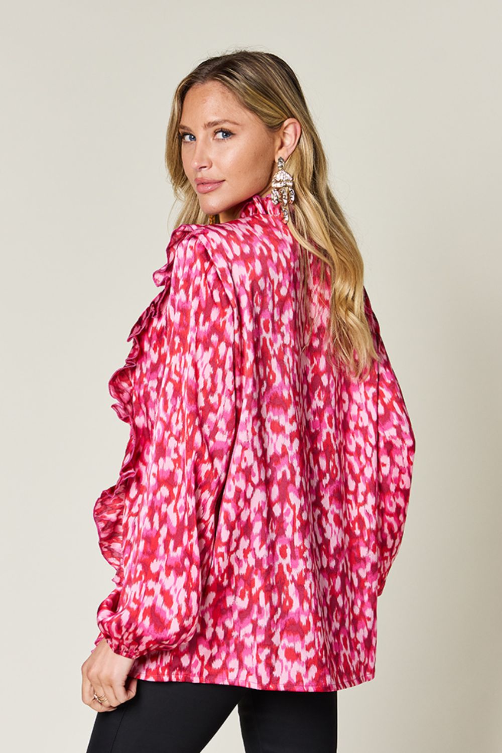 Full Size Printed Ruffle Trim Balloon Sleeve Shirt - Body By J'ne