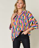 Full Size Geometric Notched Raglan Sleeve Blouse - Body By J'ne