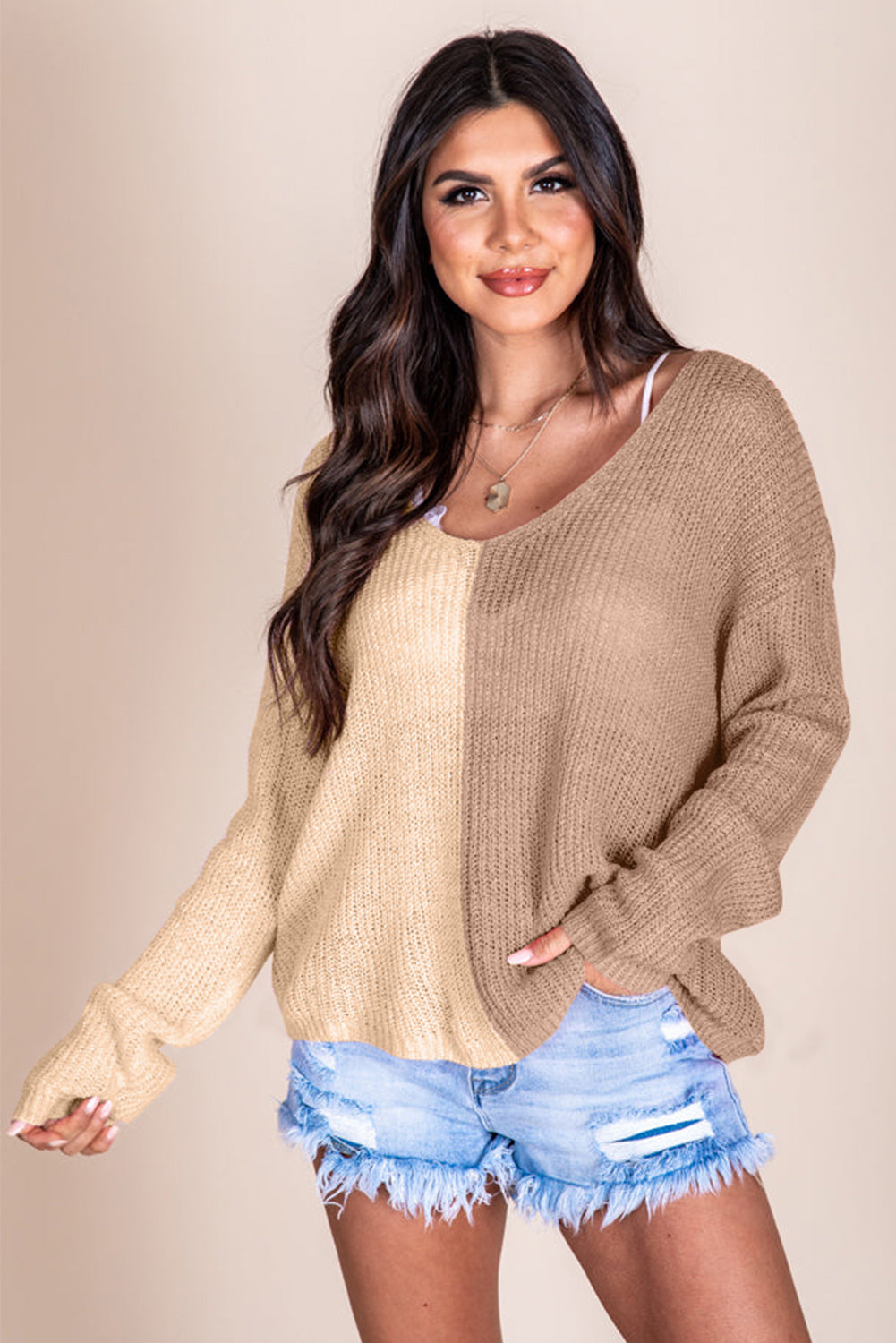 Contrast Color V-Neck Long Sleeve Pullover Sweater - Body By J'ne