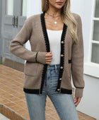 Contrast Trim Button Up Long Sleeve Cardigan