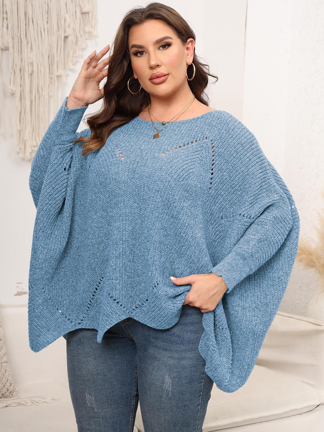 Plus Size Round Neck Batwing Sleeve Sweater - Body By J'ne