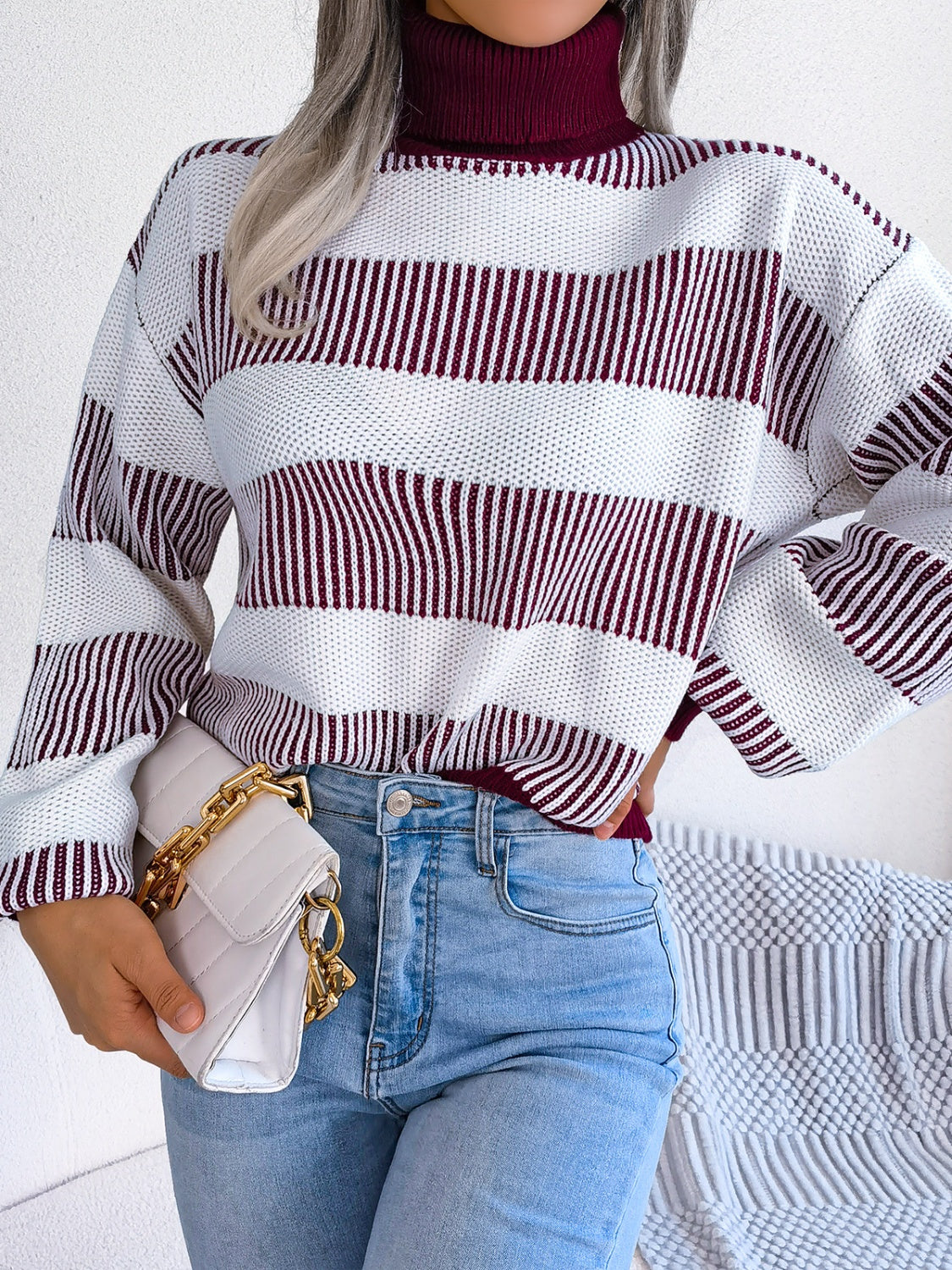 Striped Turtleneck Long Sleeve Sweater - Body By J'ne
