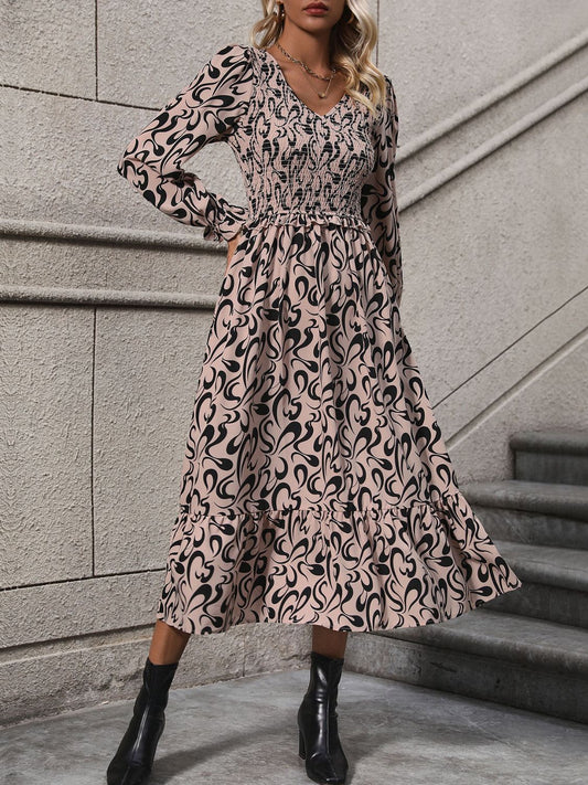 Perfee Printed V-Neck Long Sleeve Midi Dress - Body By J'ne