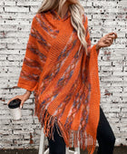 Fringe Contrast Hooded Poncho