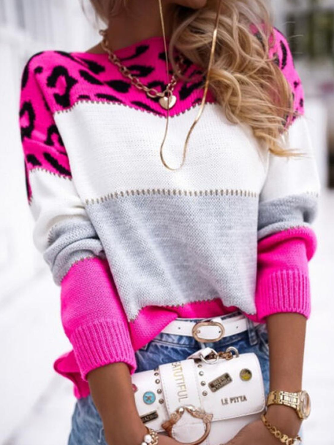 Leopard Color Block Round Neck Long Sleeve Sweater - Body By J'ne