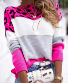 Leopard Color Block Round Neck Long Sleeve Sweater