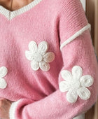 Flower V-Neck Dropped Shoulder Sweater