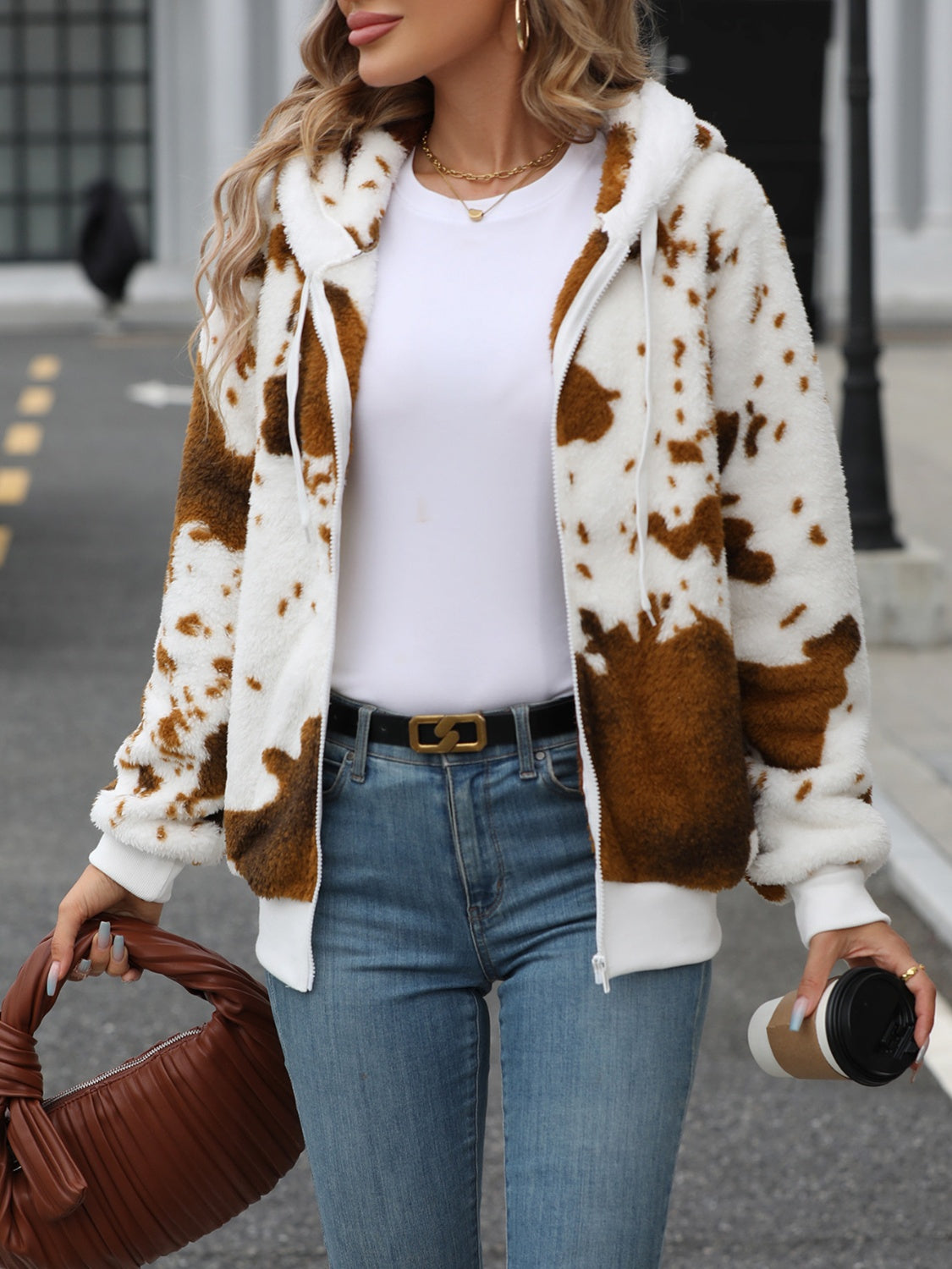 Fuzzy Drawstring Zip Up Hooded Jacket - Body By J'ne