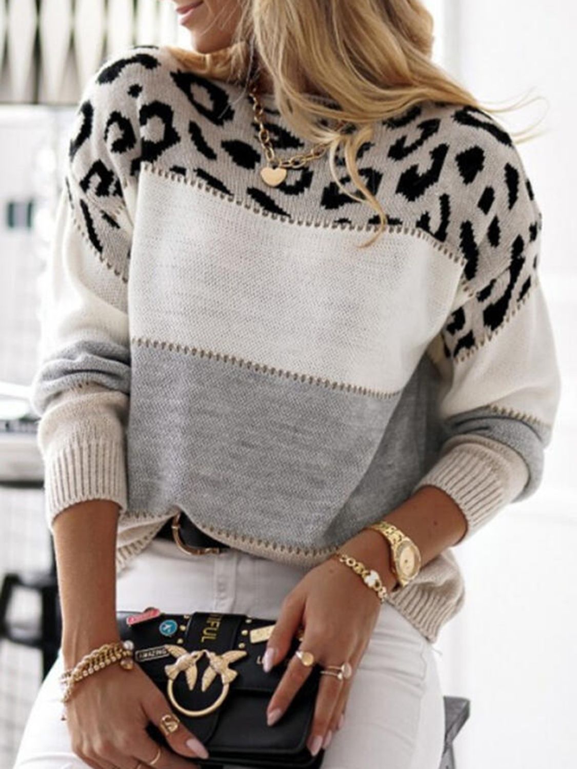 Leopard Color Block Round Neck Long Sleeve Sweater - Body By J'ne