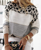 Leopard Color Block Round Neck Long Sleeve Sweater