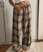 Drawstring Plaid Wide Leg Pants