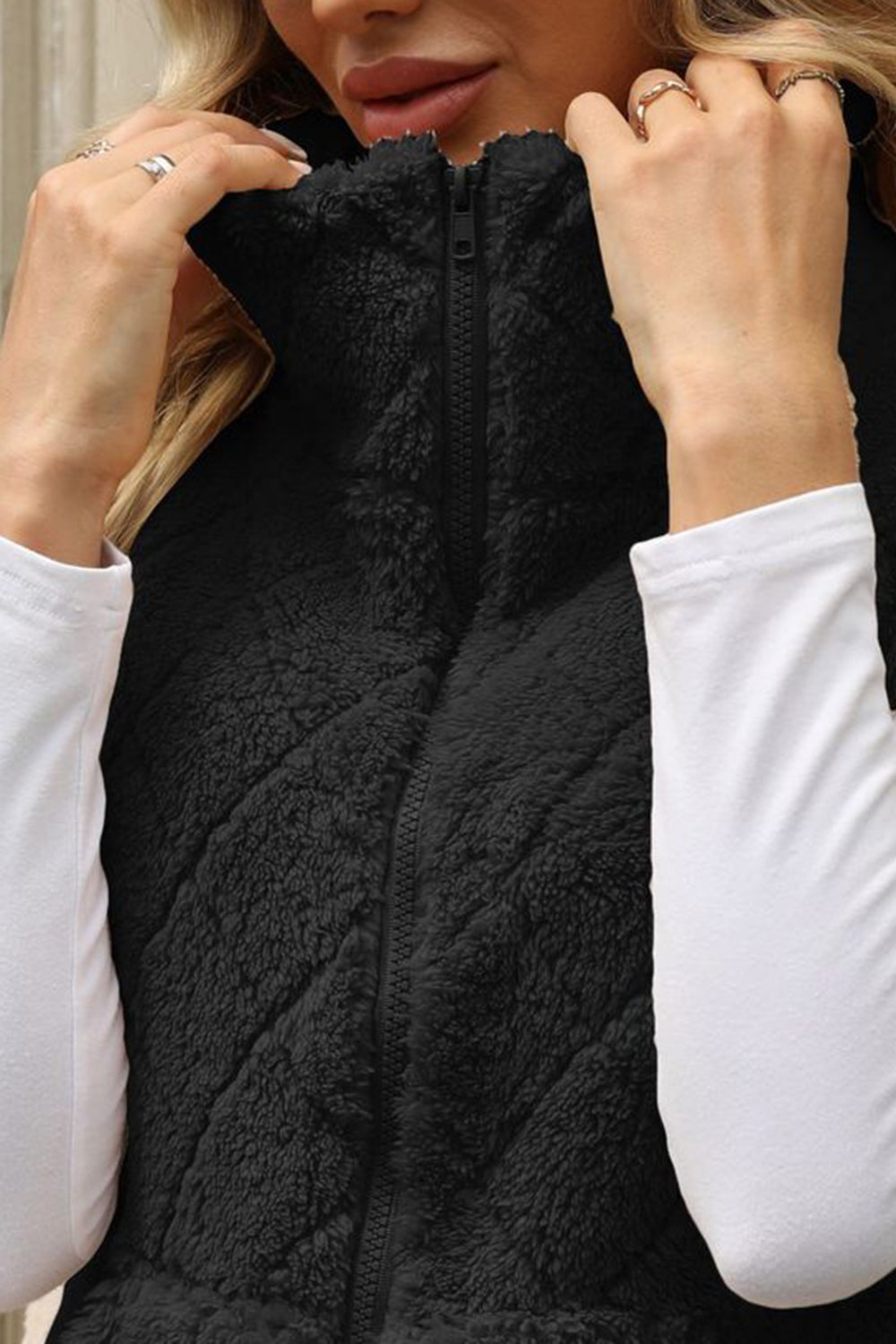 Fuzzy Plaid Texture Zip Up Vest Coat - Body By J'ne