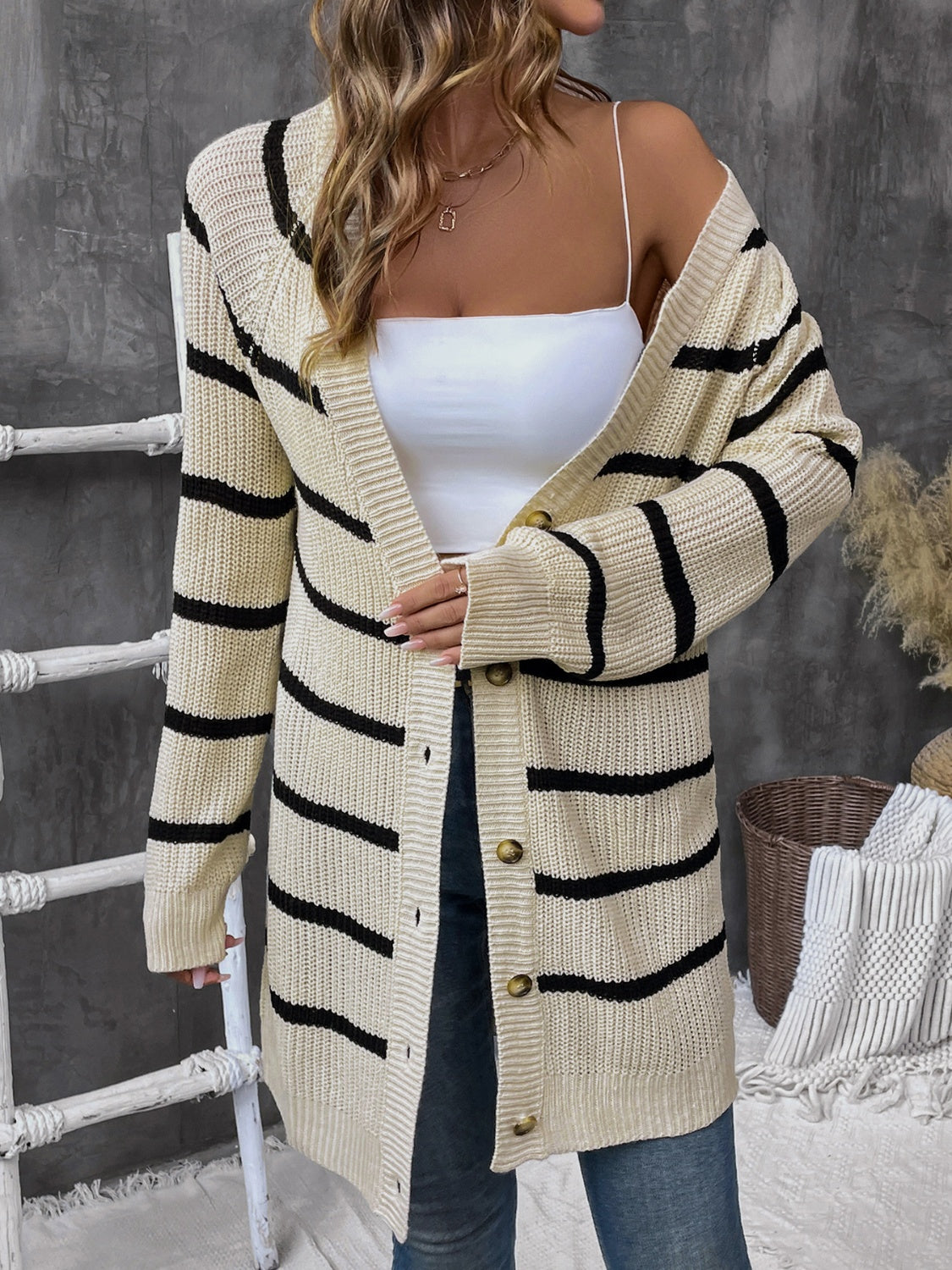 Perfee Striped Button Up Long Sleeve Cardigan