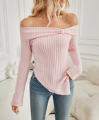 Ribbed Asymmetrical Hem Off-Shoulder Long Sleeve T-Shirt