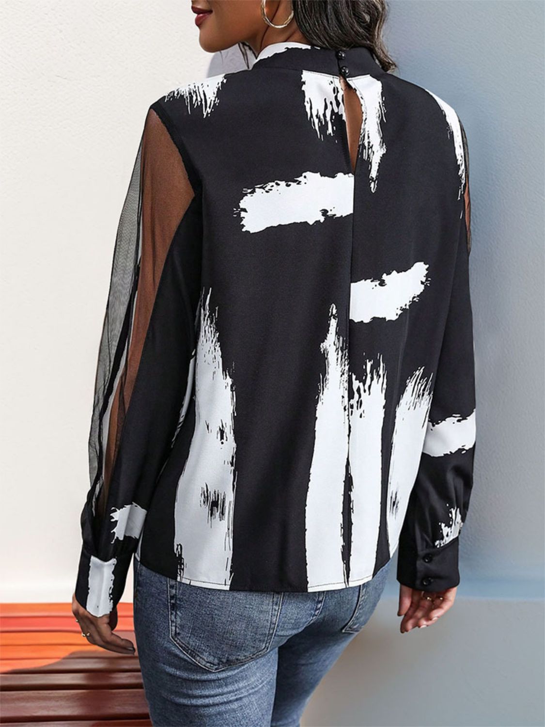 Perfee Mock Neck Mesh Long Sleeve Blouse - Body By J'ne