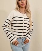 Striped Button Up Round Neck Cardigan