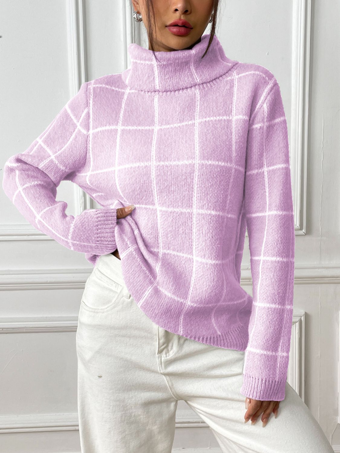 Plaid Turtleneck Long Sleeve Sweater - Body By J'ne