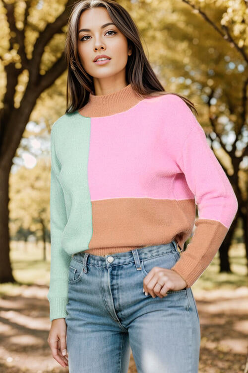 Color Block Mock Neck Dropped Shoulder Sweater - Body By J'ne