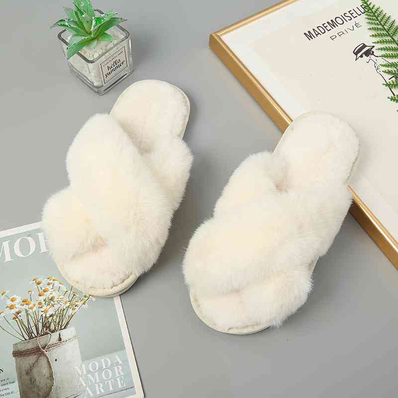 Faux Fur Crisscross Strap Slippers - Body By J'ne