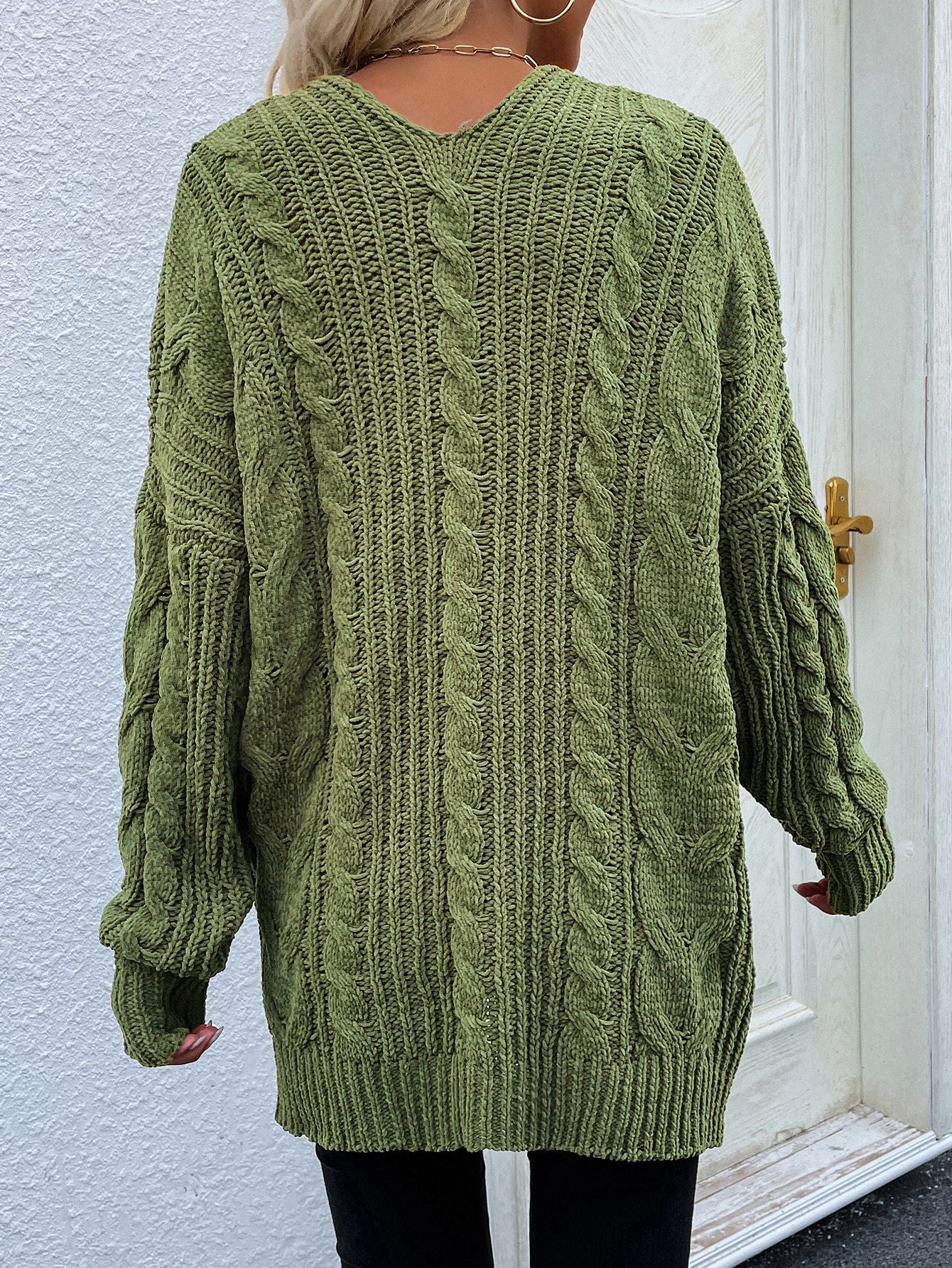 Woven Right Cable-Knit Open Front Cardigan with Front Pockets - Body By J'ne