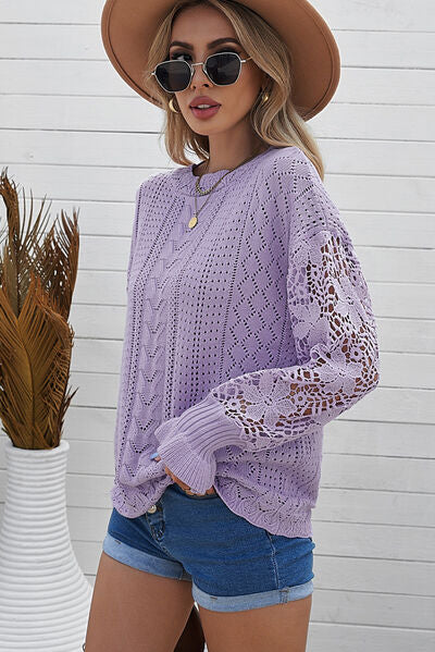 Openwork Lantern Sleeve Dropped Shoulder Sweater - Body By J'ne