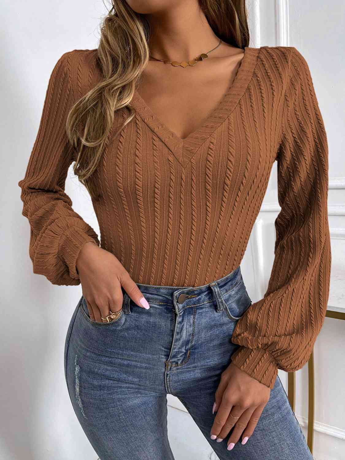 Elise Ribbed V-Neck Lantern Sleeve Top - Body By J'ne
