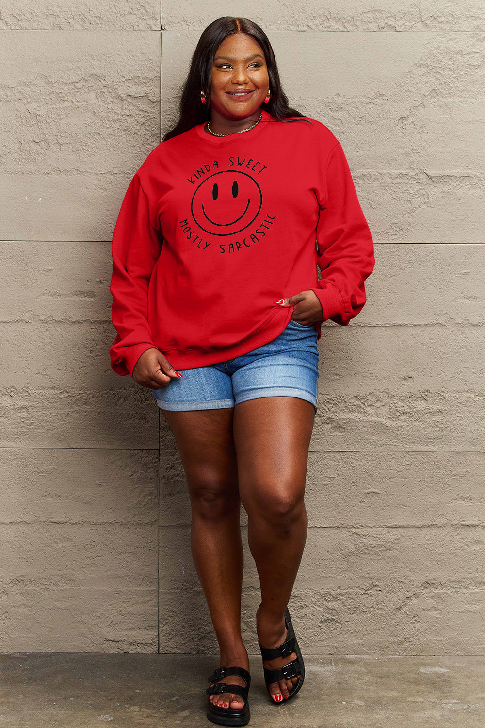 Full Size Smiling Face Graphic Sweatshirt - Body By J'ne