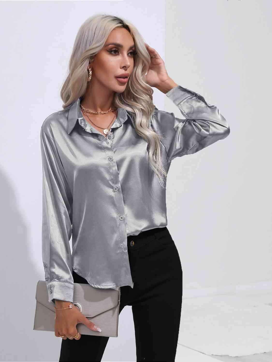 Collared Neck Buttoned Long Sleeve Shirt - Body By J'ne