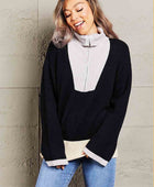 Color Block Half-Zip Dropped Shoulder Knit Pullover - Body By J'ne