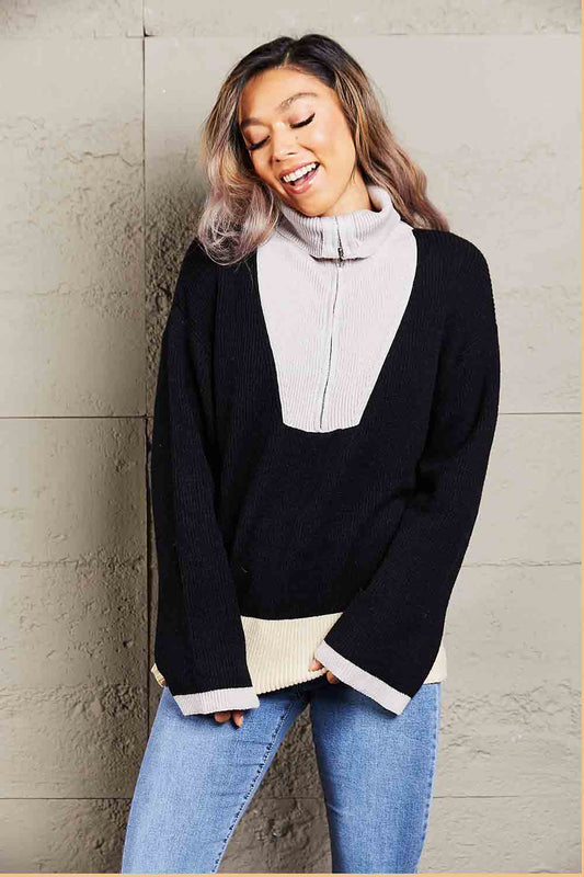 Color Block Half-Zip Dropped Shoulder Knit Pullover - Body By J'ne