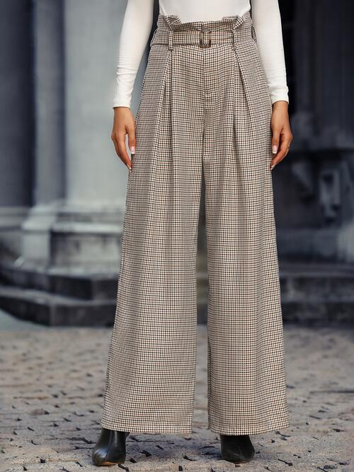 Plaid Wide Leg Pants With Belt - Body By J'ne