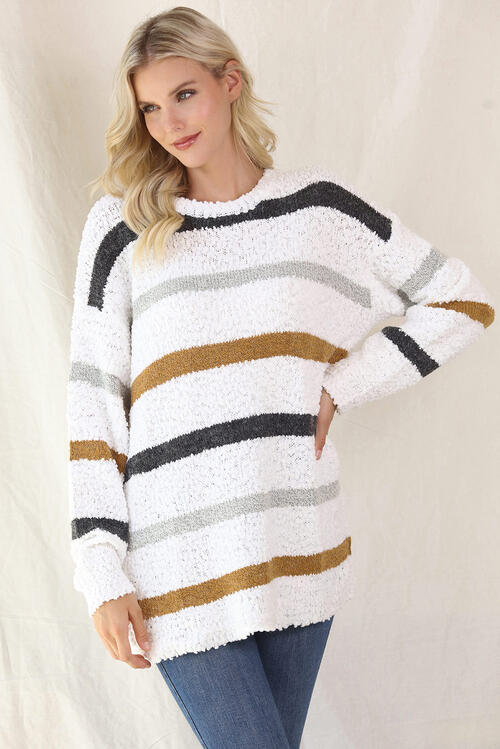 Striped Round Neck Long Sleeve Sweater - Body By J'ne