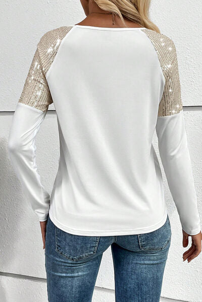Sequin Round Neck Long Sleeve T-Shirt - Body By J'ne