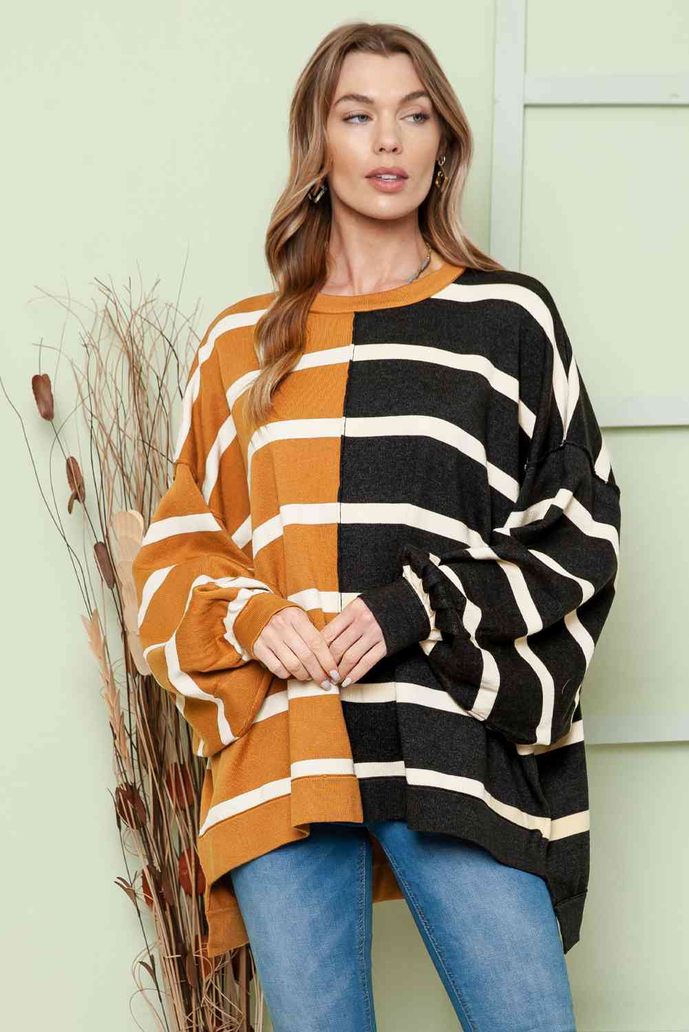 Striped Dropped Shoulder Round Neck Blouse - Body By J'ne