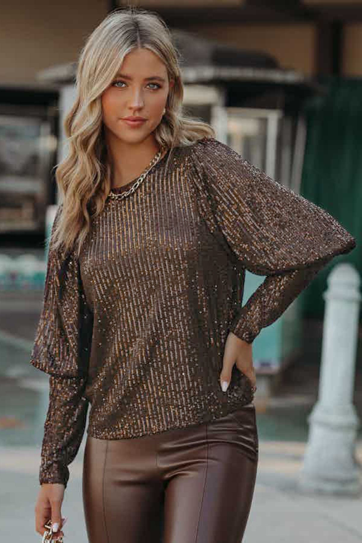 Brown Cuffed Sequin Top - Body By J'ne