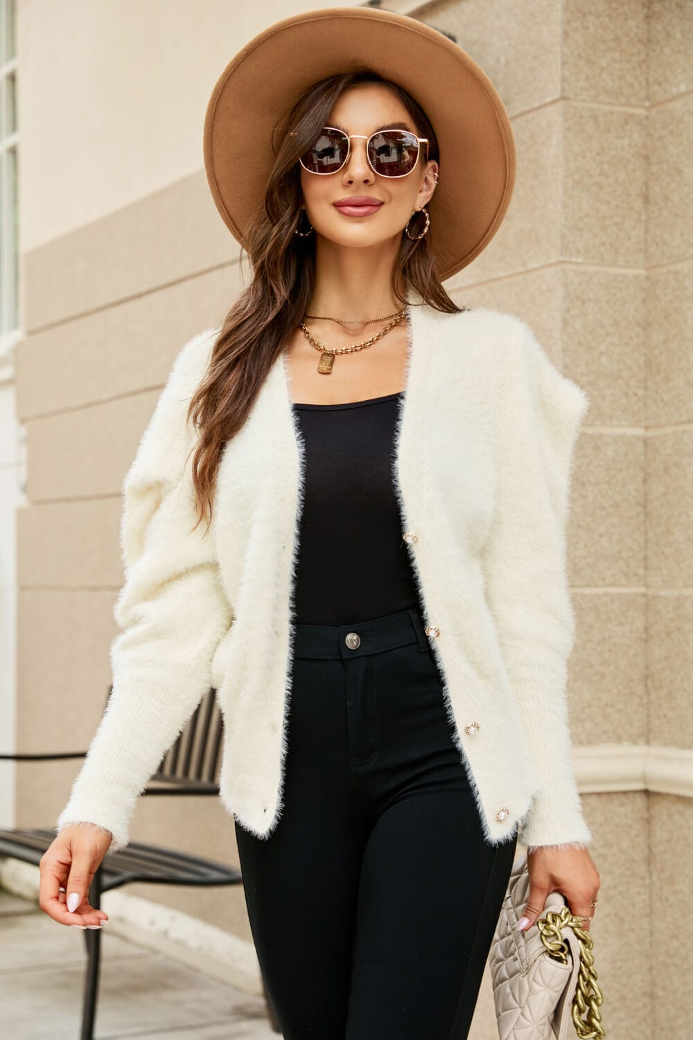 Puff Sleeve V-Neck Fuzzy Cardigan - Body By J'ne