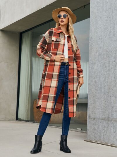 Plaid Pocketed Button Up Trench Coat - Body By J'ne