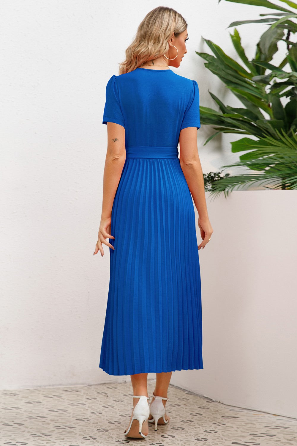 Pleated Surplice Short Sleeve Midi Dress - Body By J'ne