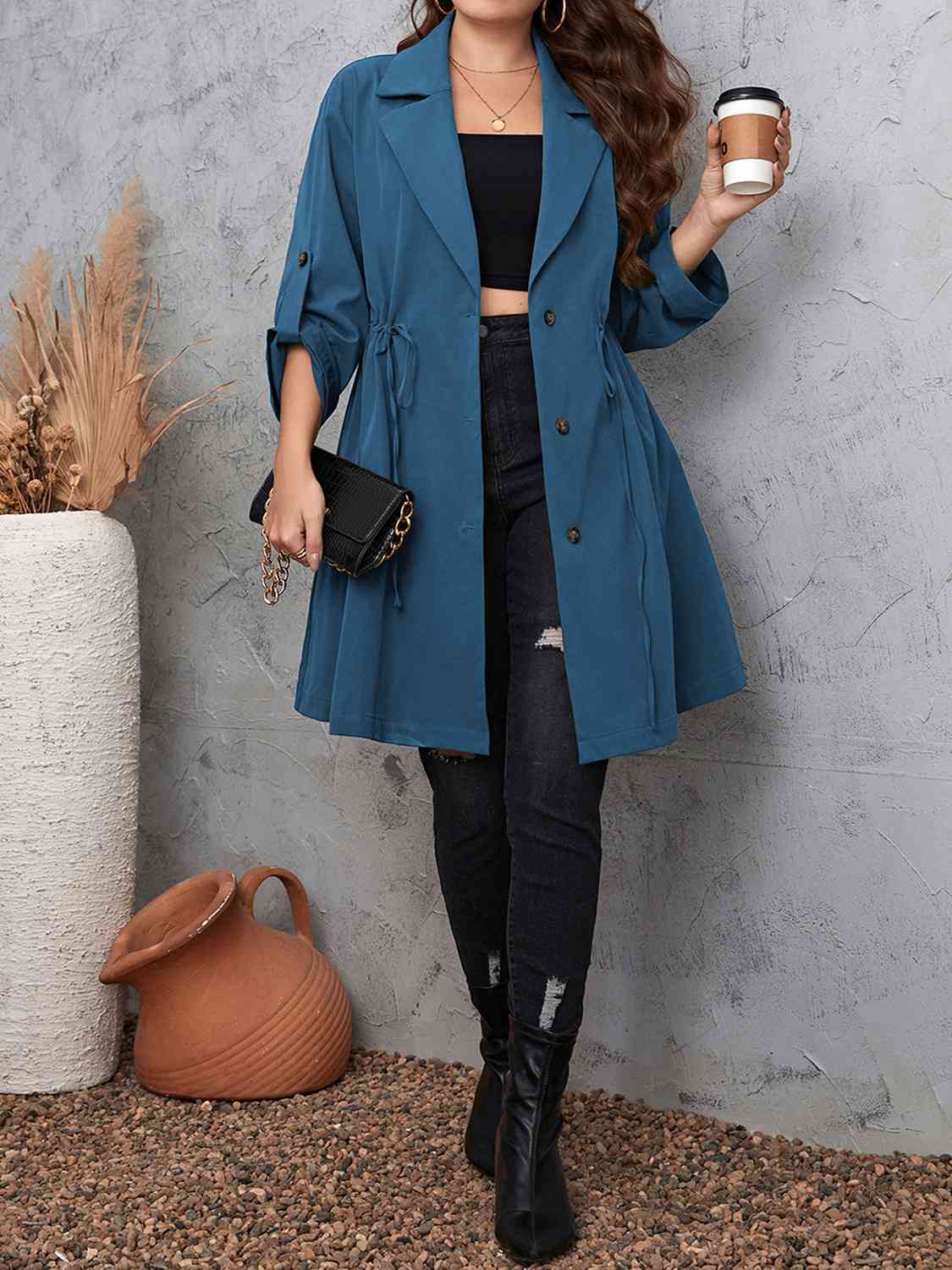 Plus Size Lapel Collar Drawstring Roll-Tab Sleeve Trench Coat - Body By J'ne