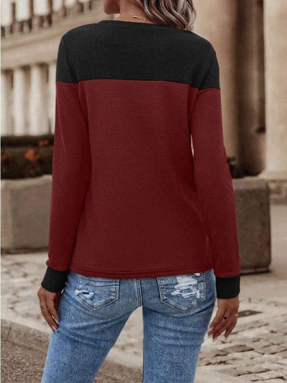 Contrast Buttoned Round Neck Long Sleeve T-Shirt - Body By J'ne
