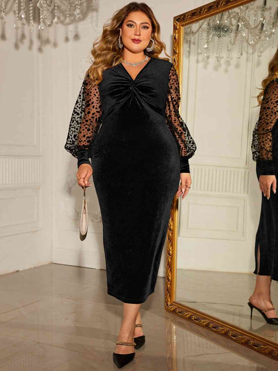 Plus Size Twist Front Lantern Sleeve Slit Dress - Body By J'ne