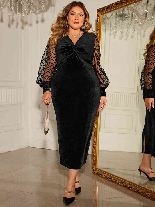 Plus Size Twist Front Lantern Sleeve Slit Dress - Body By J'ne