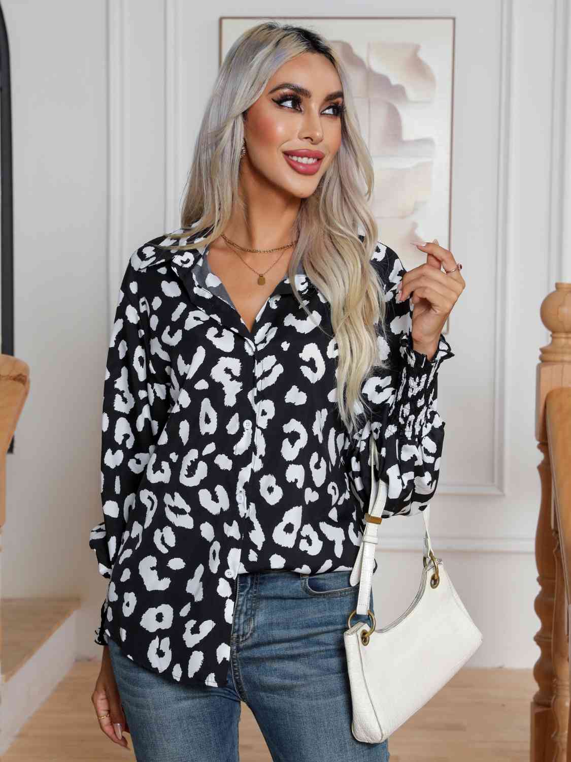 Printed Collared Neck Buttoned Lantern Sleeve Shirt - Body By J'ne